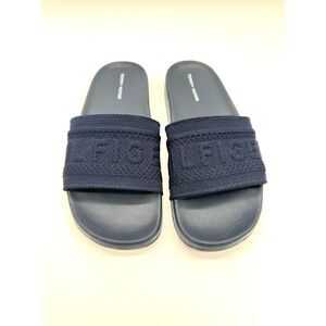 TOMMY HILFIGER Womens Navy Knit Logo Pool Slides Dollop Round Toe Slip On Slide